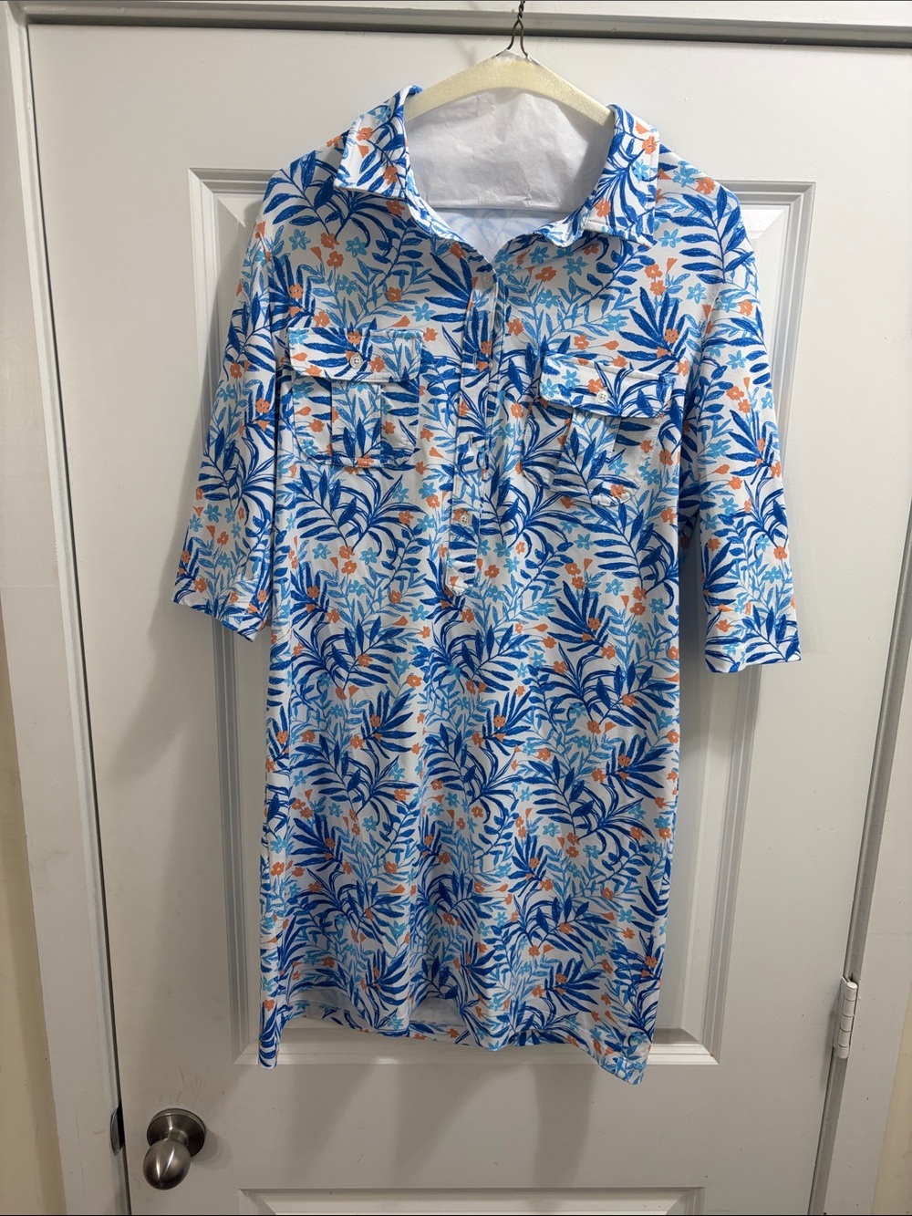 Persifor Blue and White Tropical Print Dress LG